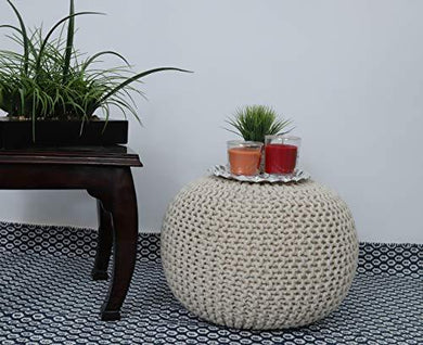Fernish Decor Cotton Hand Knitted Pouf Ottoman Foot Stool for Bedroom, Living Room, 50x50x35 cm (Natural) - Home Decor Lo