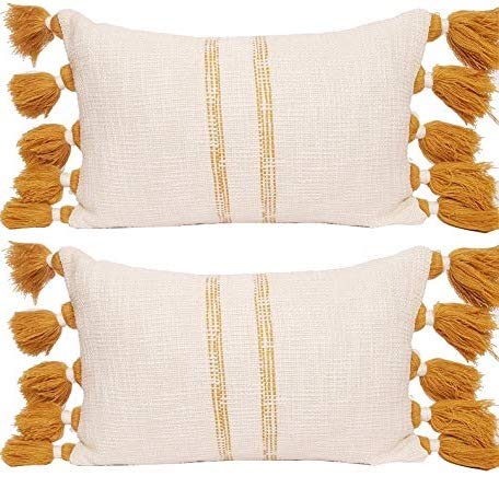Ardenmead 100% Cotton Hand Embroidered Striped Zippered Cushion Cover with Acro Wool |Tassel Cushion Covers Embroidered Yellow Cushion Covers Set (Yellow | 30x50 cm | Set of 2) - Home Decor Lo