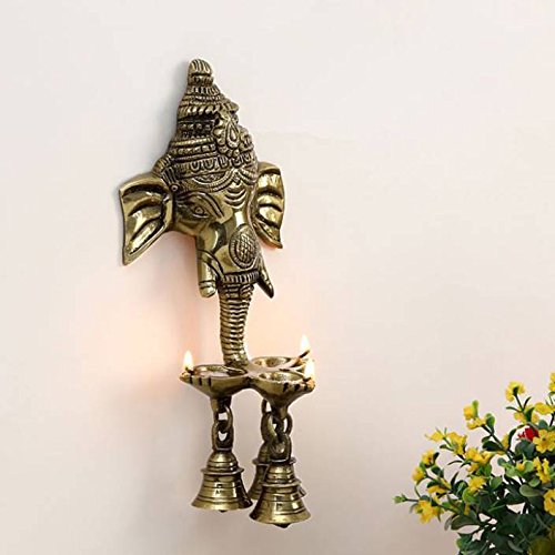 eCraftIndia Ganesh Deepak with Bell Brass Wall Hanging (11 cm x 8 cm x 24 cm, Brown) - Home Decor Lo