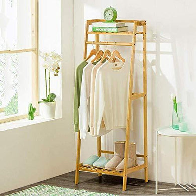 House of Quirk Bamboo Coat Clothes Hanging Rack with Top Shelf and Shoe Clothing Storage Organizer Shelves((140x50cm)) DIY Rack - Home Decor Lo