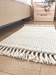 pepme Cotton Macrame Rug, Boho Cotton Placemat with Tassels for Bedroom Living Room, Rectangle Home Decor Foot Mat (40x18 inches, Pack of 1) - Home Decor Lo