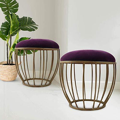 Nestroots Stools for Home Living Room | Ottoman Footstool Upholstered with Cushion Footrest Stool for Living Room -Designer Metallic Legs Added Stability (Dark Purple| Set of 2) - Home Decor Lo