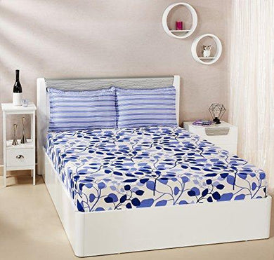 Amazon Brand - Solimo Leafy Spring 144 TC 100% Cotton Double Bedsheet with 2 Pillow Covers, Blue - Home Decor Lo