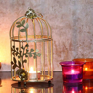 Webelkart Gold Color Metal Bird cage Tea Light Holder with Flower Vine for Home Décor - Home Decor Lo