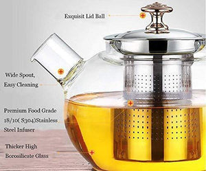BMG Import Export Heat Resistant Flame Proof Clear Borosilicate Glass Kettle Stove Top Safe Blooming and Loose Tea Pot with Stainless Steel Infuser and Lid , 1000 ml - Home Decor Lo