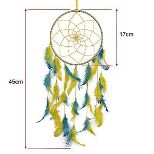 ILU® Wall Hangings, Home Decor, Handmade Wall Hanging for Bedroom, Balcony, Garden, Party, Cafe, Small Ring Beaded Yellow & Blue Feathers, 17cm Diameter, Length 51cm - Home Decor Lo