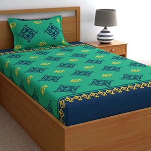 Home Ecstasy 100% Cotton bedsheets for Single Bed Cotton, 140tc Ethnic Green Single bedsheet with Pillow Cover (4.8ft x 7.3ft) - Home Decor Lo