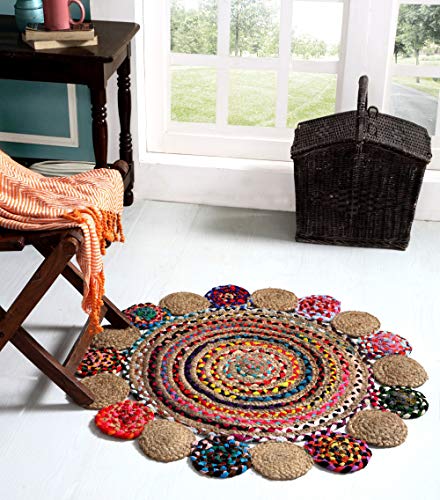 AEROHAVEN Cotton and Jute Braided Floor Rug Boho Bedside Living Room Carpet Rug - BR06 - (Multicolor, 90 cm Round) - Home Decor Lo