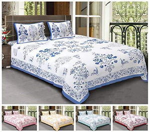 Bhagwatiudyog King Size Block Print Cotton Double Bedsheet with Pillow Cover (Blue) - Home Decor Lo