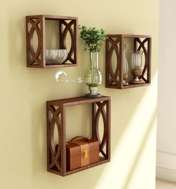Home Sparkle Wooden Wall Shelf | Cube Design Wall Mounted Shelves for Living Room - Set of 3 (Brown) - Home Decor Lo