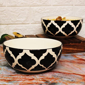 THEARTISANEMPORIUM Black Moroccan Hand-Painted Ceramic Dinner Set of 4 Dinner Plates, 4 Katori Bowls and 2 Serving Bowls Dinnerware Set (10 Pieces, Serving for 4, Microwave Safe)
