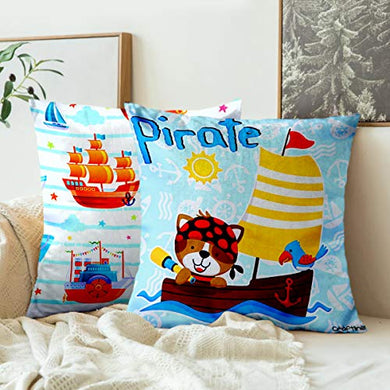 CRAFTLINEN Premium Kids Nursery Decor - Digital Print Reversible Cushion Cover for Babies and Toddler Bed & Seating 12 x 12 inch (Pirate Dog & Beautiful Boats Assorted Colours) - Home Decor Lo