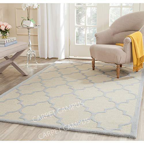 Carpet Campus Traditional Persian Geometric Modern Handmade Woolen Carpet Ivory & Light Blue 5 feet x 8 feet Carpets for Home-Living Room-Bedroom-Drawing Room-Floor and Also for Dining Hall. - Home Decor Lo