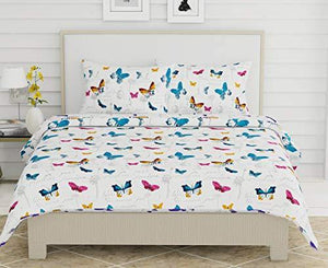haus & kinder French Riviera Beau Papillon, 100% Cotton Bedsheet with 2 Pillow Covers, 186 TC, King Size (Blue) - Home Decor Lo