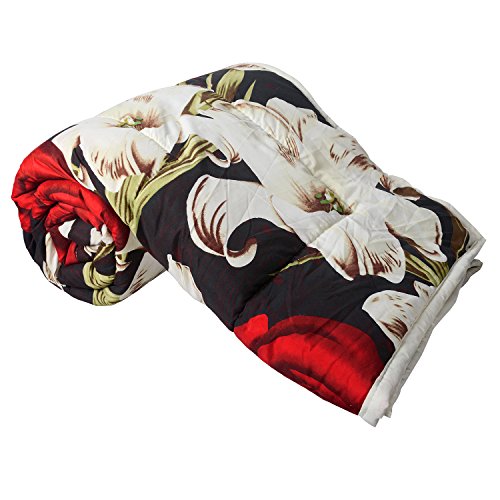 Clasiko Double Bed Comforter Black Base Red White Orchids, Fabric- Micro Cotton, Size - 84 x 84 Inches, Color Fastness Guarantee, 250 GSM - Home Decor Lo