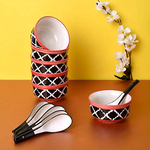 The Dekor Ceramic Handmade Printed Katori Soup Bowl with Spoon