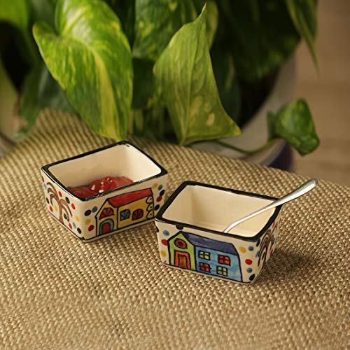 ExclusiveLane Two Dips of Hut Ceramic Chutney Serving Bowl Set (80 ML, Small, 2-Pieces, Multicolour,Cartoon), Standard (EL-005-471) - Home Decor Lo
