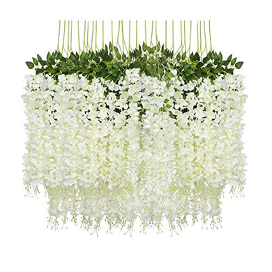 Pauwer 12 Pack (43.2 FT) Artificial Wisteria Vine Ratta Fake Wisteria Hanging Garland Silk Long Hanging Bush Flowers String Home Party Decor (White) - Home Decor Lo