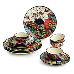 ExclusiveLane 'Hut Handpainted' Ceramic Plates for Dinner Ceramic Dinner Plates & Side Quarter Plates with Katoris (8 Pieces, Serving for 4, Microwave Safe) -Dinner Sets Ceramic Bowls Dinnerware Sets - Home Decor Lo