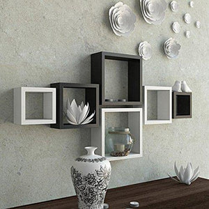Santosha Decor MDF Wall Shelf Square Shape Floating Wall Shelves (Black and White) - Set of 6 - Home Decor Lo