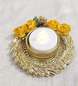 Mitra Set of 4 Yellow Color Flower GOTA Patti Design Metallic Diya Tea Light Candle Holder for Diwali Decoration/Pooja Including 4 Candles - Home Decor Lo