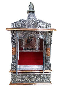Bit-Chu Wood Pooja Mandir, 20" x 6"x 10", Silver - Home Decor Lo