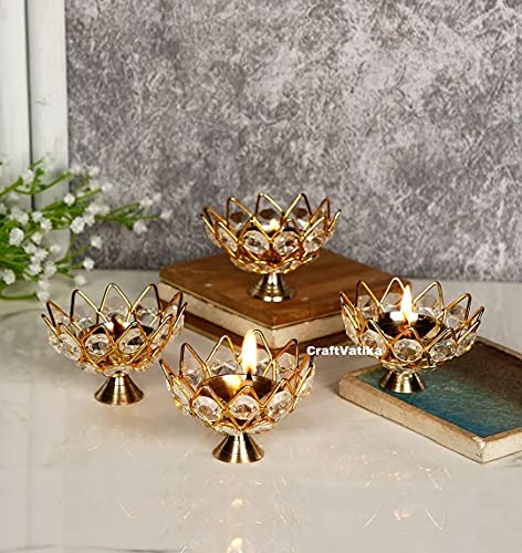 Collectible India Crystal Round Brass Small Kamal Deep Jyoti Oil Lamp/Akhand Diya for Home Temple Pooja Decor (Golden) Pack of 4