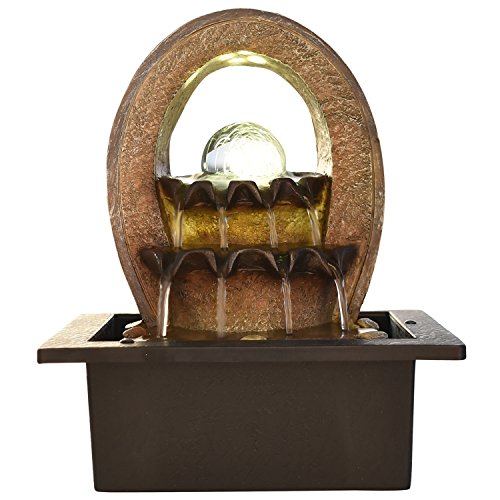 Indiana Craft Designer Polystone 2 Steps Indoor Table Top Water Fountain with LED Lights, Water Pump and Crystal Ball (Brown, 25.4cm X 21cm X 17.8cm) - Home Decor Lo