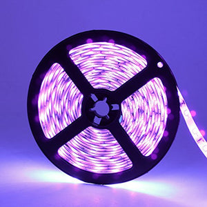 YGS-Tech 24 Watts UV Black Light LED Strip, 16.4FT/5M 3528 300LEDs 395nm-405nm Waterproof IP65 Blacklight Night Fishing Sterilization Implicitly Party with 12V 2A Power Supply - Home Decor Lo