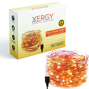 XERGY 10 M,100 LED's Fairy Light (3 Copper Wires, Durable Quality) Waterproof Decorative String Lights - USB Powered (USB Wire Length - 2 M) - Home Decor Lo