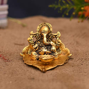 Collectible India Ganesh, Ganesha on Leaf - Ganesh with Diya - Lord Ganesha Metal Hand Craved for Home Decorative Gift Puja Diwali Gifts - Home Decor Lo