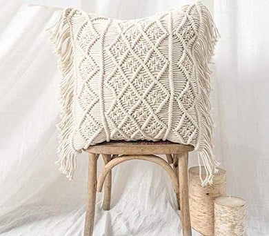 PartyStuff Knitted Cushion Cover Cotton Macrame 16 inch Hand-Woven Living Room, Sofa, Decorative Throw Square Pillow Cover - Home Decor Lo