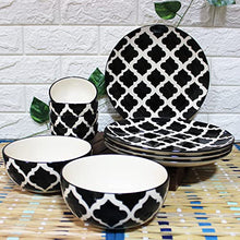 Load image into Gallery viewer, THEARTISANEMPORIUM Black Moroccan Hand-Painted Ceramic Dinner Set of 4 Dinner Plates, 4 Katori Bowls and 2 Serving Bowls Dinnerware Set (10 Pieces, Serving for 4, Microwave Safe)