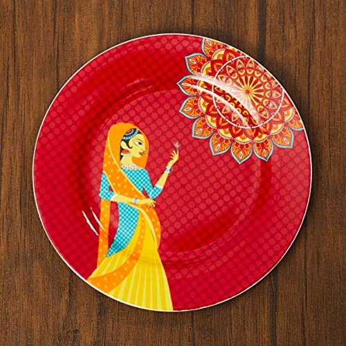 Home Centre Raisa-Retro Medallion Art Deco Print Plates - Red - Home Decor Lo