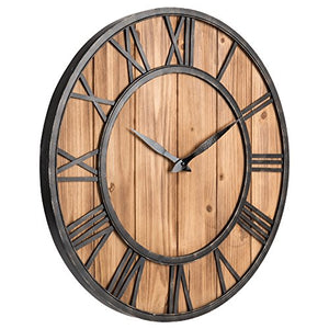 Oldtown Clocks Farmhouse Rustic Barn Vintage Bronze Metal and Solid Wood Noiseless Big Oversized Wall Clock (Wooden Colour, XL/24-inch) - Home Decor Lo