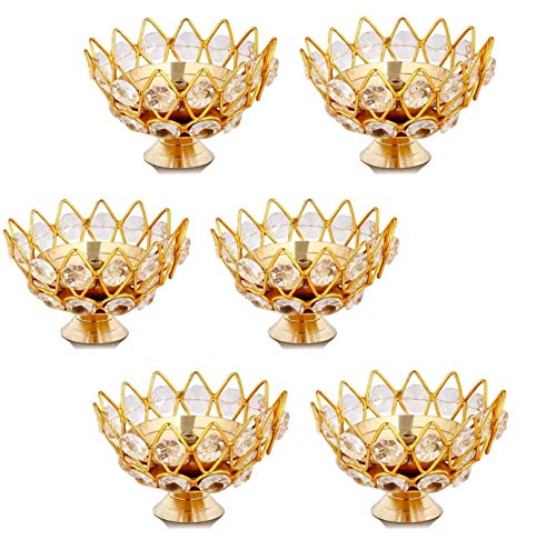Brass Gallery Brass Small Bowl Crystal Diya Round Shape Kamal Deep Akhand Jyoti Oil Lamp for Home Temple Puja Decor Gifts (Size Small Pack of 6) - Home Decor Lo