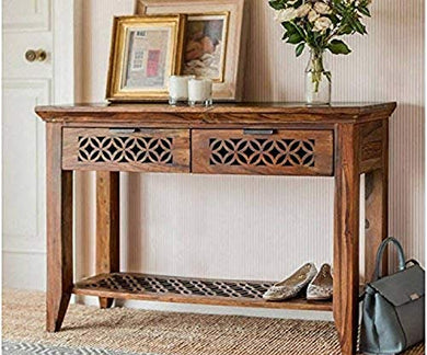 Sheesham Wood, Honey Finish Console Table with 2 Drawers and Shelf Storage (Brown)