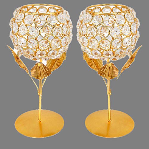 Collectible India Gold Plated Crystal Candle Holder Tea Light Stand Votive- Decorative Tealight Holders for Home Office Living Room Indoor Garden Dining Centerpiece Decoration, (Set of 2), Small - Home Decor Lo
