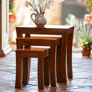 Hariom Handicraft Sheesham Wood Nesting Tables for Living Room, Wooden Stools - Set of 3 - Home Decor Lo