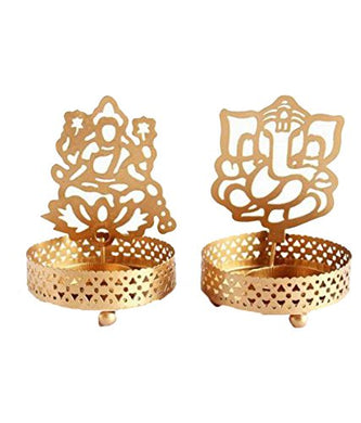 JD PRODUCTS Golden Metal Decorative Shadow Divine Lord Ganesha Ganpatiji and Laxmi Ji Tealight Candle Holder - Home Decor Lo