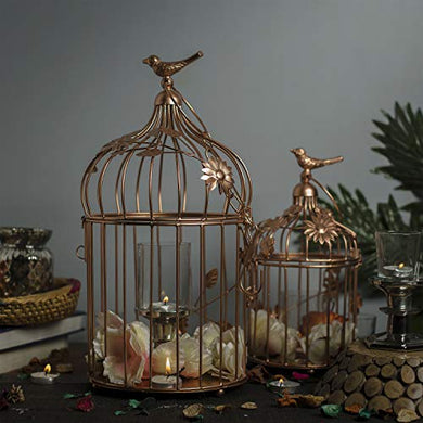 Homesake® Copper Bird Cage with Floral Vine (Set of 2), with Hanging Chain, Rose Gold, Decorative Tealight Candle Holder - Home Decor Lo