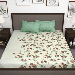 Story@Home Myra Collection 186 TC Spring Sunshine Elegance Dazzel 100% Pure Cotton 1 Piece Floral Bloom Bliss Double Bedsheet with Pair of Pillow Covers, Pista Green - Home Decor Lo