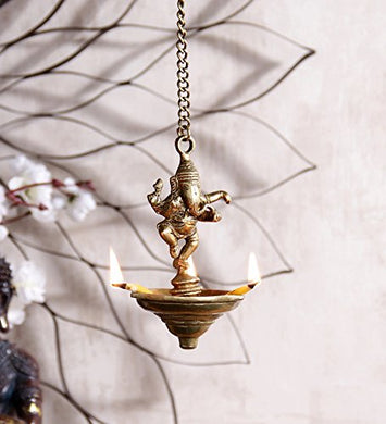 eCraftIndia Dancing Ganesha Brass Hanging Oil Wick Diya (11 cm x 11 cm x 48, Brown and Golden) - Home Decor Lo