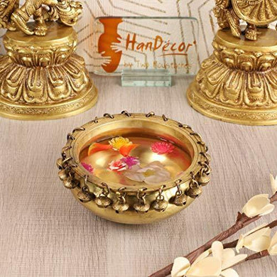 Two Moustaches Brass Urli Traditional Bowl with Bells Showpiece - Home Decor Lo
