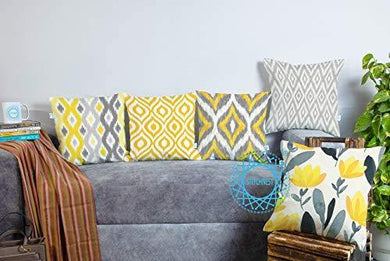 STITCHNEST Ikat Yellow Grey Printed Canvas Cotton Cushion Covers,Grey,Yellow Set of 5 (16 x 16 Inches) - Home Decor Lo
