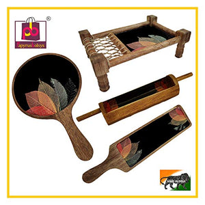 PapyrusBolsys - Wooden Khatiya Platter Printed - Design 002 - Set of 4 Pcs. - Multicolor - Home Decor Lo