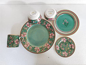Vikas Khanna By Celeste Moksha Single Serving Ceramic Dinner Set, Décor Settings, 24 K Gold Plated Aubergine Green Colour
