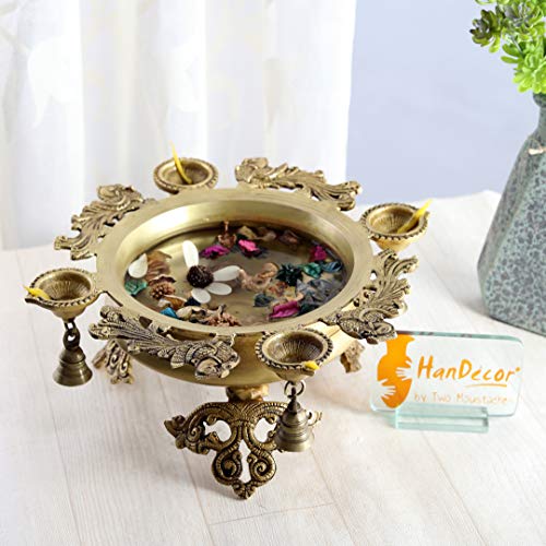 Two Moustaches Brass Peacock Design Urli with 4 Diyas (Yellow_13.5 Inch X 13.5 Inch X 6 Inch ) - Home Decor Lo