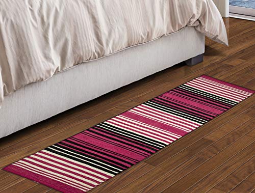 Gift n Craft Store Cotton Hand Woven Pink and Black Narrow Stripes Bedside Runner Rug (Size136x47 cm) - Home Decor Lo