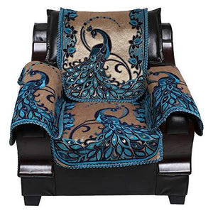 KINGLY Chenille Velvet 12 Pcs Pikok Design Sofa Covers Set of 5 Seater (3+1+1) – Blue, Firozi,Gold - Home Decor Lo